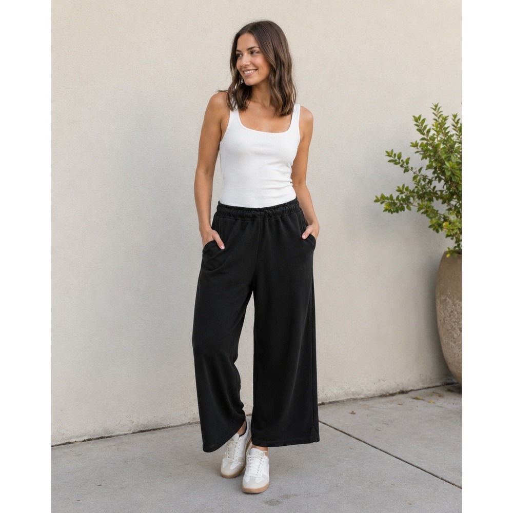 Free People Movement Black Wide Leg Cropped Sweatpants Lounge Pants Women L